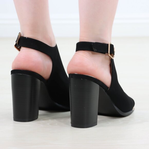 Block Heel Peep Toe Sandals Women’s Black Velvet Gold Buckle Ankle Strap - Picture 13 of 15